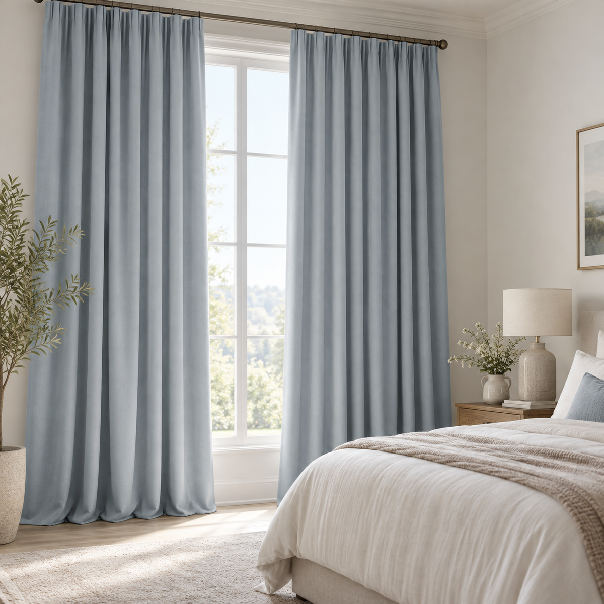 AI-generated design illustration of Mist Blue Curtain